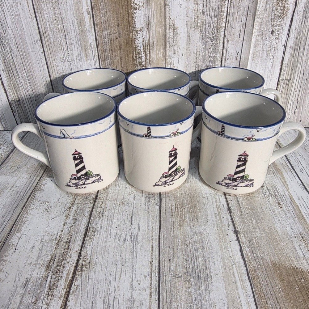 Mainstays Home Lighthouse Coffee Mugs Set of 6 Nautical Coastal Stoneware Cream - Picture 3 of 6